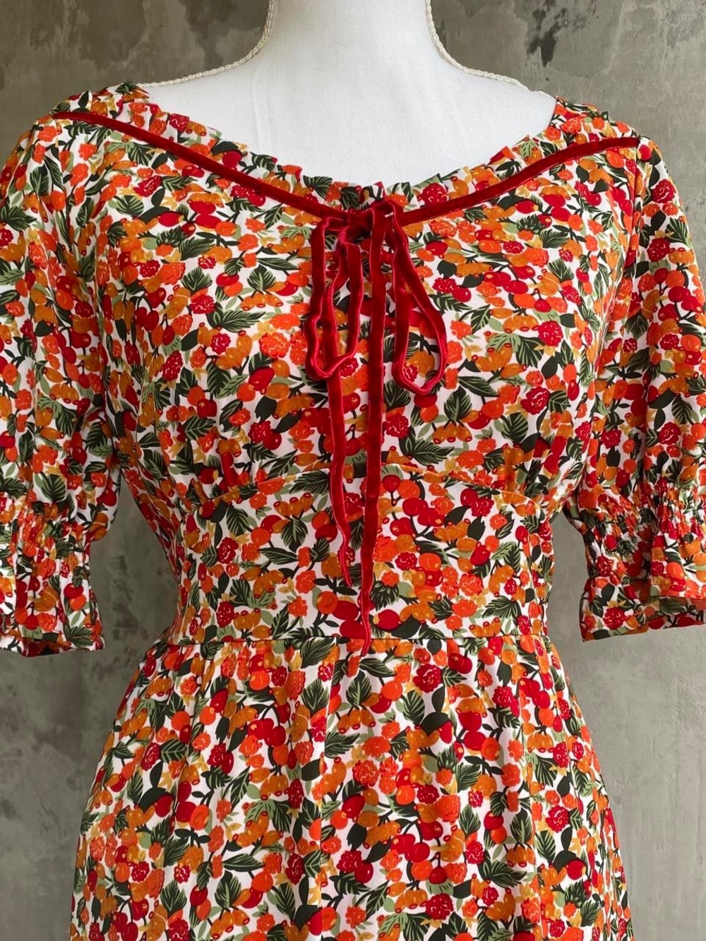 Vintage Handmade Fruity Floral Tie-Front Midi Dress in Red, Orange, Green